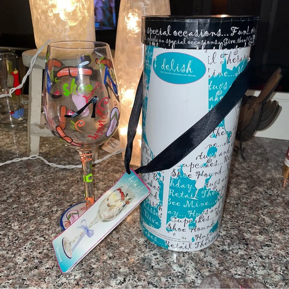 Vintage Lolita Hand-Painted Wine Glass w/Gift Box-Shoe Hound theme. Hand painted
